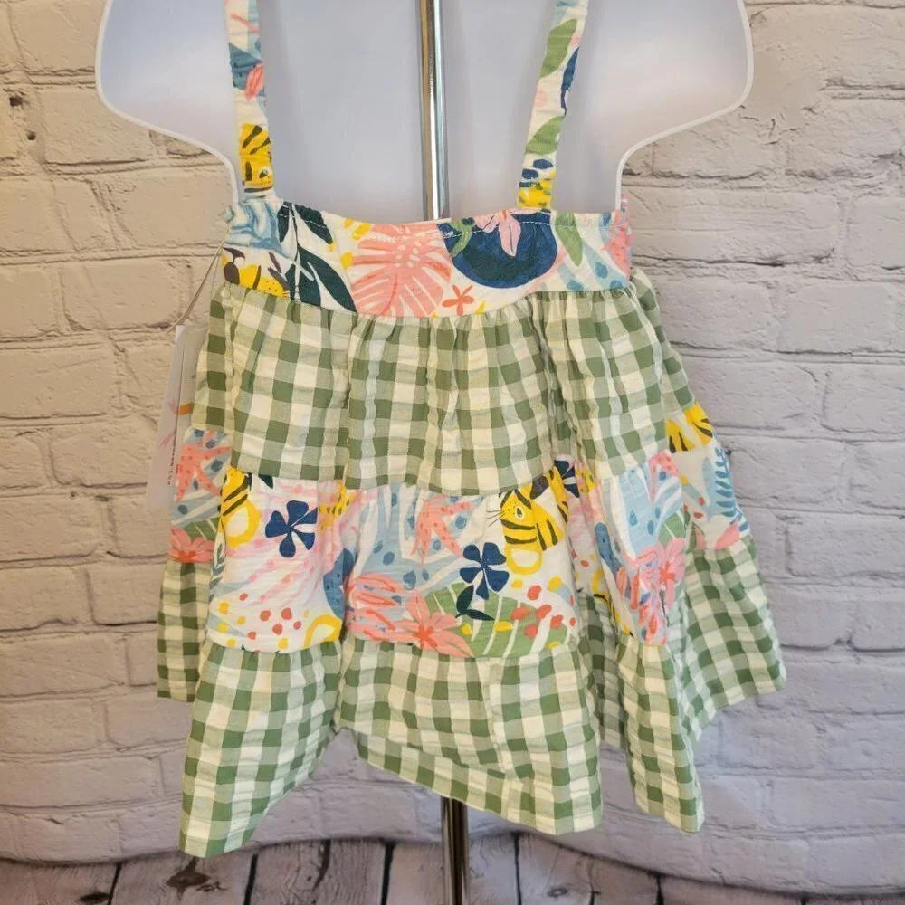 Baby Girls Sleeveless Tiered Mixed Tropical Print and Seersucker Check Dress
